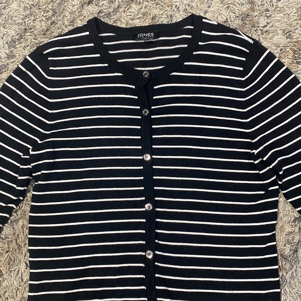 Jones, New York, black white striped cardigan, long sleeve, size small - Picture 2 of 5